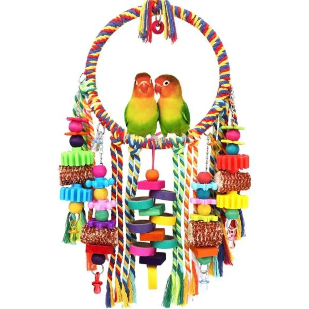 Bird Toys Bird RopeRing Swing Perch with Corn Cob Cardboard Bagels Wooden Blocks